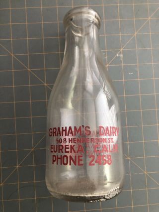 Vintage Graham’s Dairy Glass Milk Bottle Quart Eureka California Humboldt