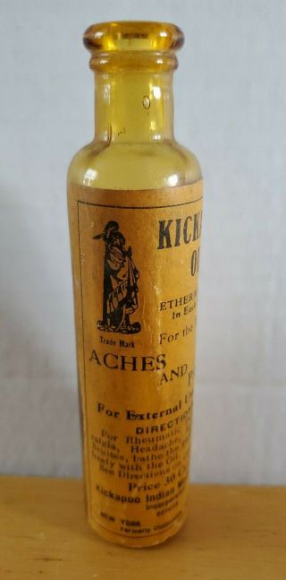Vintage Kickapoo Indian Medicine Company Oil Amber Bottle Aches Pains