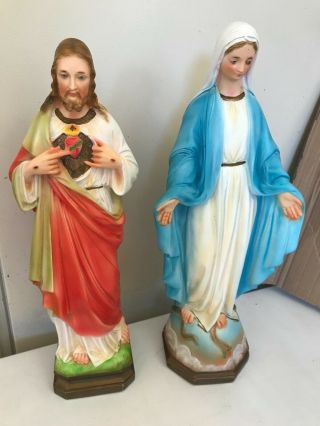 Vintage Statues - Jesus Sacred Heart And Mary With Snake At Feet - Csc