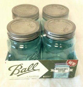 Ball Blue 16 Oz Pint Mason Jar W/ Metal Lid Band 4 Pack Collector 