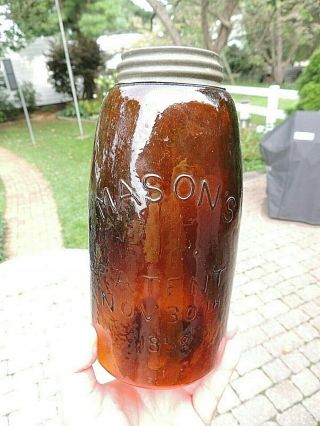 Mason’s Amber Patent 1858 Mason 1/2 Gal.  Fruit Canning Jar,  Zinc Cap