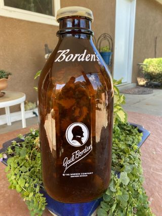 Vintage Gail Borden Signature Dark Amber Glass Milk Bottle Two Quart W/ Ad Cap