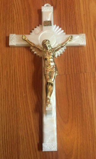 Large Vintage Wall Hanging Crucifix - Mother Of Pearl Style Finish W/ Gold Tone