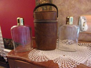 Vintage Tall Double 16 Oz Liquor Flasks Leather Case Glass Bottles Barware Nos