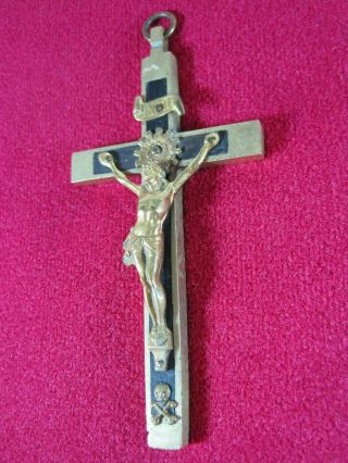 Vintage Brass & Ebony Crucifix Pendant 4 " Skull & Crossbones,  Inri