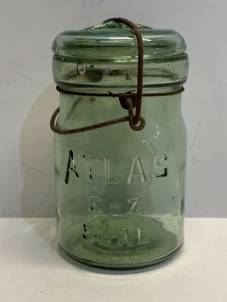 Vintage Atlas E - Z Seal Olive Green Pt Canning Jar W/ Glass Lid & Bail