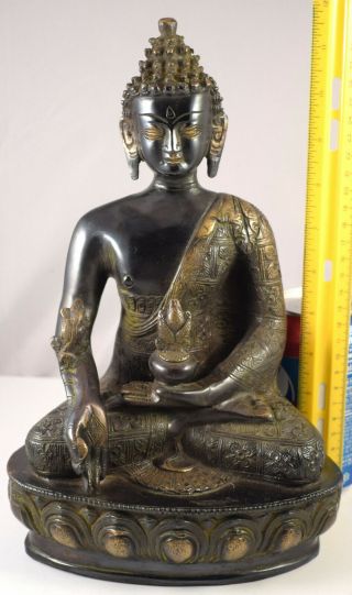 Heavy Bronze? Seated Buddha w/ Lotus Branch Statue Sculpture Figure 11.  75 