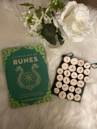 Birch Wooden Runes (handmade,  Elder Futhark) With Rune Book