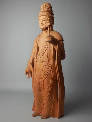 Japanese Vtg H42.  5cm 16.  7” Wood Buddha Buddhist Kannon Quan Yin Standing Statue