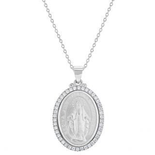 925 Sterling Silver Bezel Clear Cz Miraculous Virgin Mary Medal Pendant 19 "