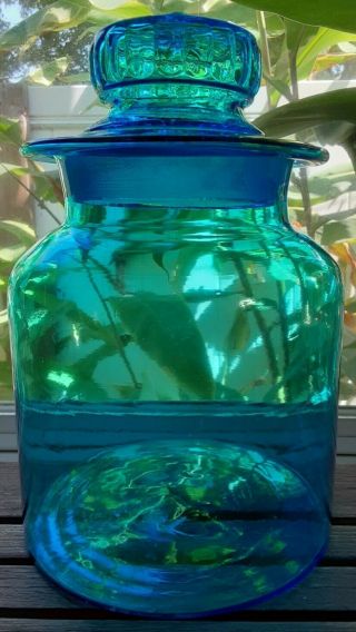 Vintage 10 " Takahashi Turquoise Apothecary Canister Jar Ground Glass Daisy Lid