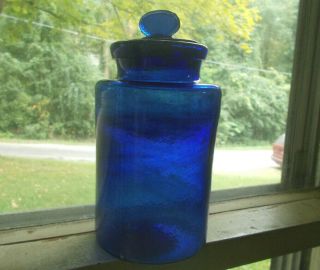 Pontiled Cobalt Blue Hand Blown Apothecary Jar With Stopper Crude Swirled Glass