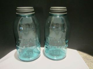 Two Vintage Atlas Strong Shoulder Blue Mason Canning Jar Half Gallon W/zinc Lid