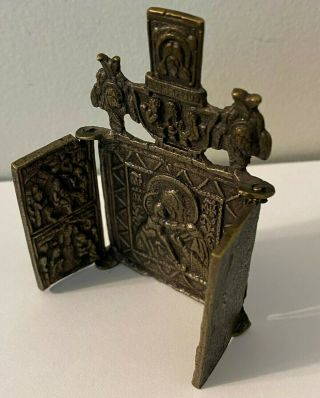 Antique Folding Russian Bronze Tryptich Icon; (3.  25 " X 3.  75 " Open)