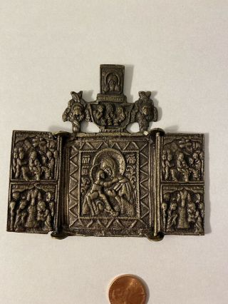 ANTIQUE FOLDING RUSSIAN BRONZE TRYPTICH ICON; (3.  25 