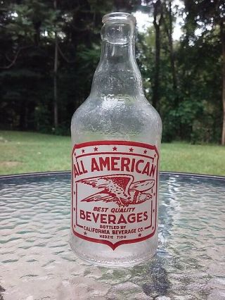 Vtg All American Beverages Glass Soda Pop Bottle Chicago Il 1940s Eagle