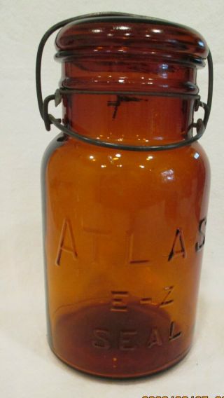 Old Amber Atlas E - Z Seal Quart Glass Top Fruit Jar