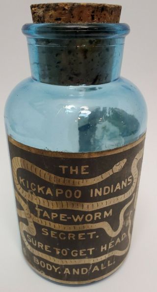 Kickapoo Indian Blue Glass Apothecary Medicine Vintage Bottle Cork Tcw Co Usa