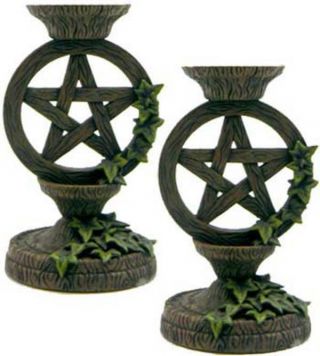 Unique Wiccan Gifts Pentagram Taper Candle Holder Set 5 1/2 " Wicca Ritual Decor