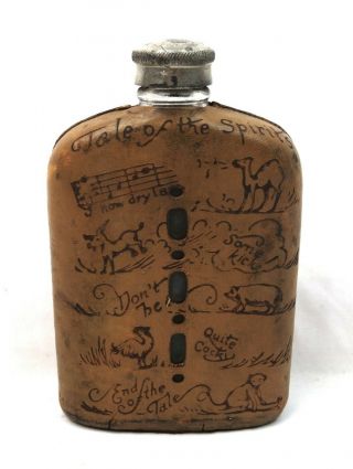 1930s Leather Covered Glass Anco Whiskey Hip Flask Tale Of The Spirits Motto