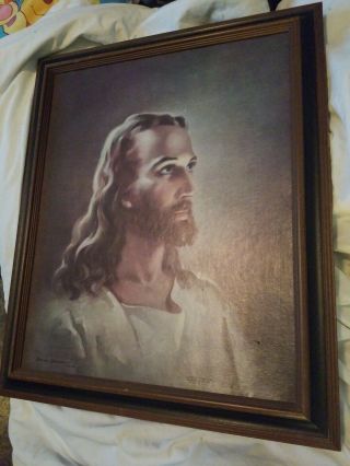 Vtg Antique Wood Framed Jesus Head Of House Picture Religious19x25 " Home Decor