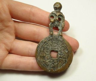 Antique Bronze Chinese/tibetan Amulet Lucky Token Talisman Coin Figure Unknown
