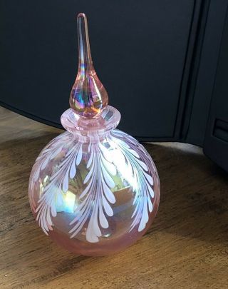 Pink Opalescent Murano Style Hand Painted Glass Perfume Bottle 6.  5” 1073