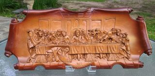 Vintage Scroll Style Last Supper Carved Large Wooden Wall Religious Picture 27 " L