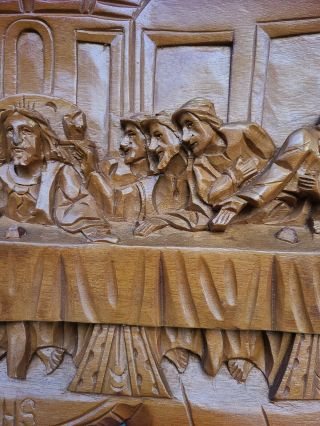 Vintage Scroll Style Last Supper Carved Large Wooden Wall Religious Picture 27 