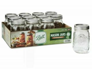 Ball Mason Jar Regular Mouth 12 Pack 16 Oz Pint Canning Clear Lid Bands Glass