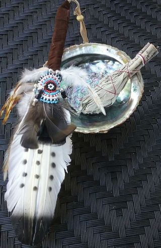 Deluxe Abalone Shell White Sage Smudge Kit On Tripod W.  Native American Smudger