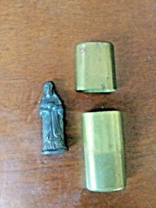 Vintage Mini Pocket Shrine,  Sacred Heart Of Jesus Figurine In Brass Case Bullet