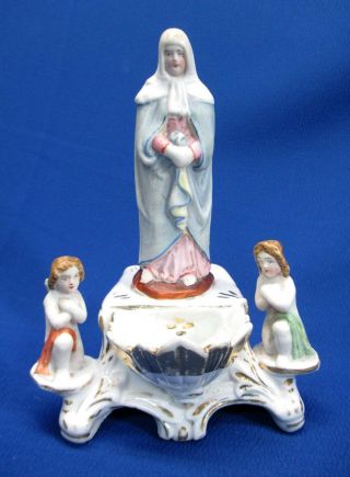 Unusual Antique French Porcelain & Bisque Sitting Holy Water Font Mary & Cherubs