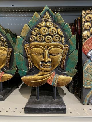 Buddha Head Stand Carving Wooden Sculpture Interior Design Home Decor Zenda