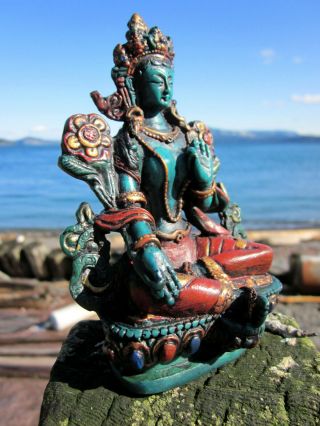 Hand Painted Folk Art Folk Art 4.  5 " Tibetan Buddhist Beloved Green Tara Statue