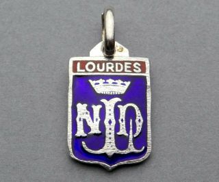 French,  Antique Religious Silver Enamel Pendant.  St Virgin Mary.  Lourdes Medal.