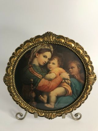Antique Madonna Of The Chair Picture In Round Gold Gilded Frame 1940 
