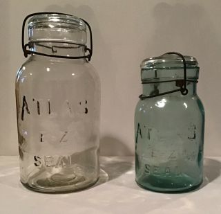Vintage Clear Atlas E - Z Seal Mason Half Gallon And Green Quart W/ Lid & Bail
