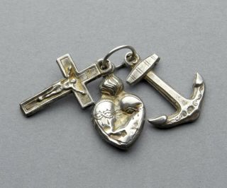 French,  Antique Religious Catholic Silver Pendant,  Cross,  Anchor,  Heart.  Medal.