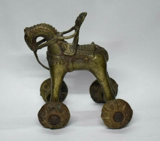 Hindu Brass Figural Temple Toy From India Man On Horse W/ Wheels