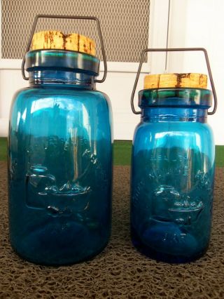 2 Vintage 1969 Good House Keepers Cobalt Blue Glass Canning Mason Jars Italy