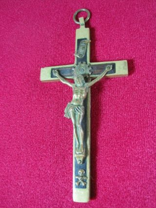 Vintage Brass & Ebony Crucifix Pendant 4 3/8 " Skull & Crossbones,  Inri