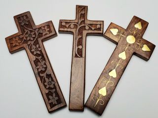 Set Of 3 Hand Carved Wooden Wall Cross Décor