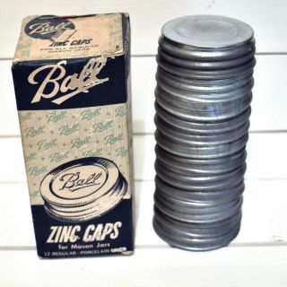 Box Of 12 Vintage Nos Ball Zinc Caps Lids For Mason Jars Porcelain Lined W/box