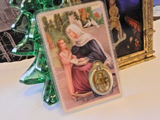 SAINT ANNE Antique GOLD/Bronze Tone Medal & laminated Prayer card ITALY 2
