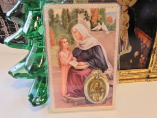 SAINT ANNE Antique GOLD/Bronze Tone Medal & laminated Prayer card ITALY 3