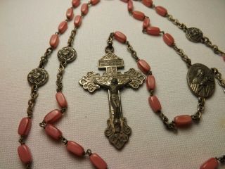 ANTIQUE rosary PINK glass BEADS early 1900 ' s Italy Pope Pius X - St.  Therese 2