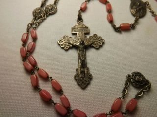 ANTIQUE rosary PINK glass BEADS early 1900 ' s Italy Pope Pius X - St.  Therese 3