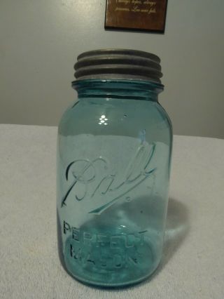Vintage Lucky 13 Blue Ball Perfect Mason Quart Jar W/ No.  13 Zinc Lid 1910 - 1923