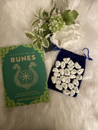 White Resin Rune Set Elder Futhark And One Blank Rune With Rune Book